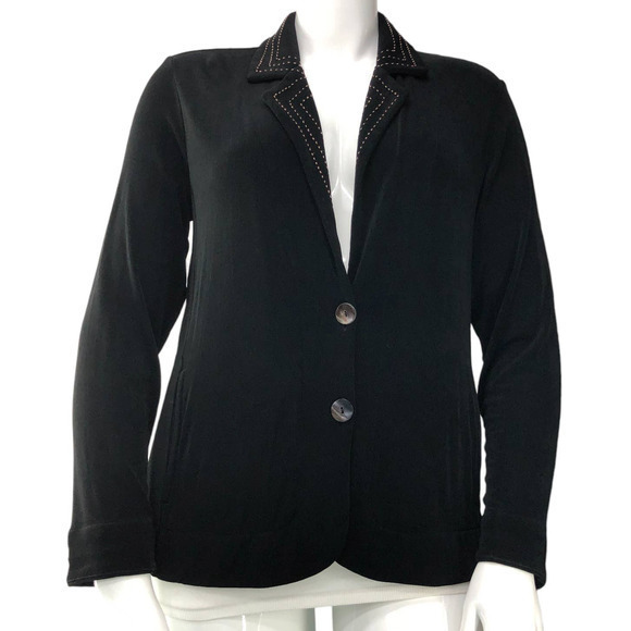 Chicos Travelers Womens Size 2 US 12 L Blazer Jacket Black Slinky Stretch Button - Picture 1 of 16